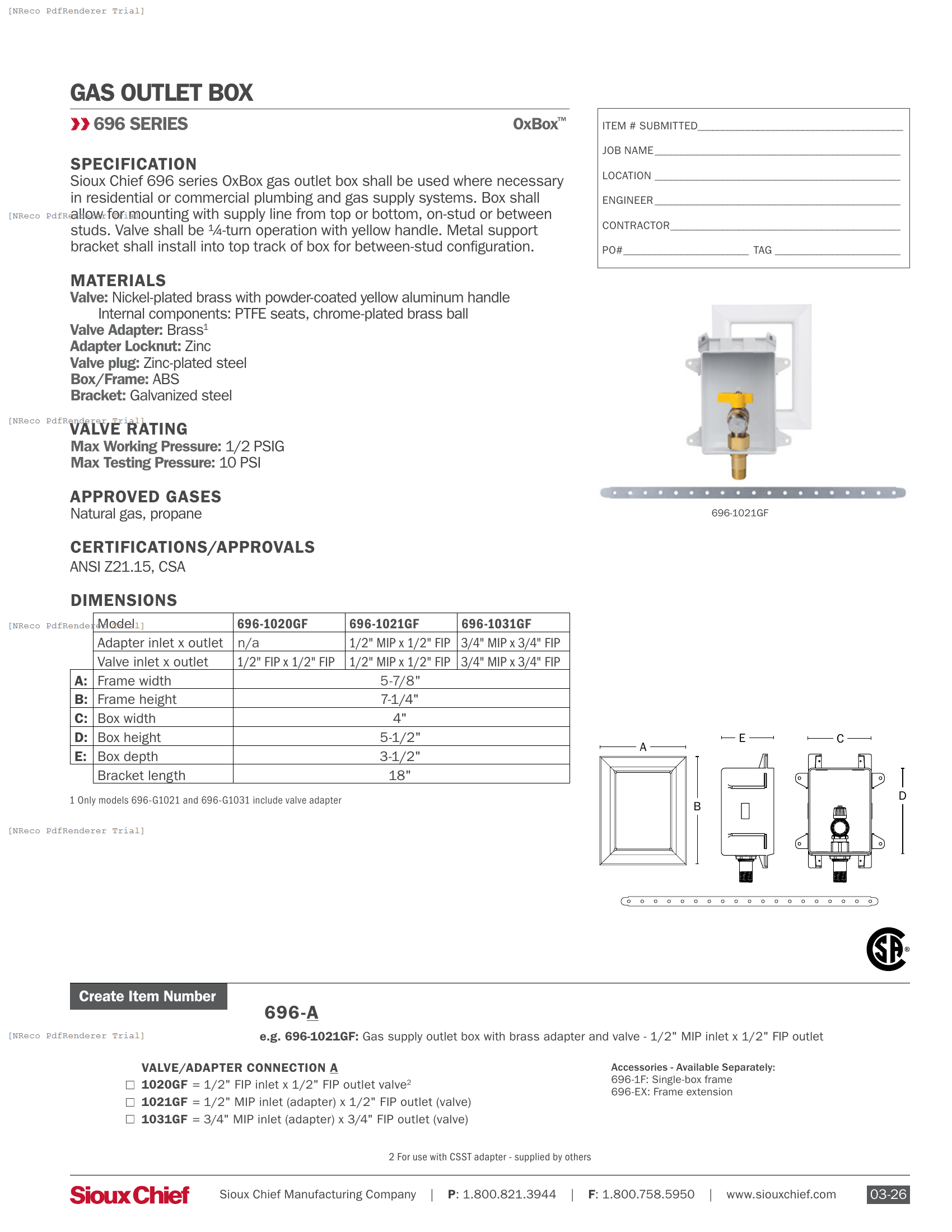 696 SERIES - OXBOX GAS OUTLET BOX - SPEC SHEET.PDF Specification Document